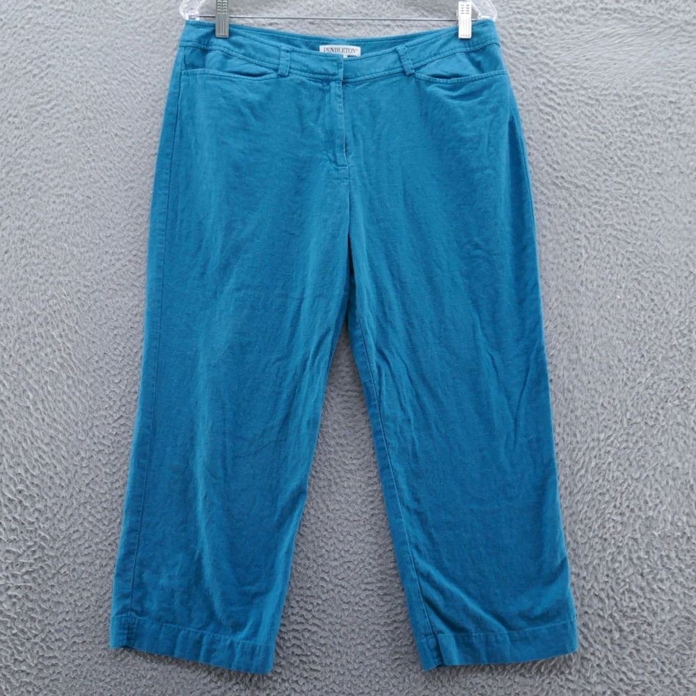 Pendleton Womens 12 Teal Blue Linen Rayon Blend Crop Straight Leg Pants Pockets